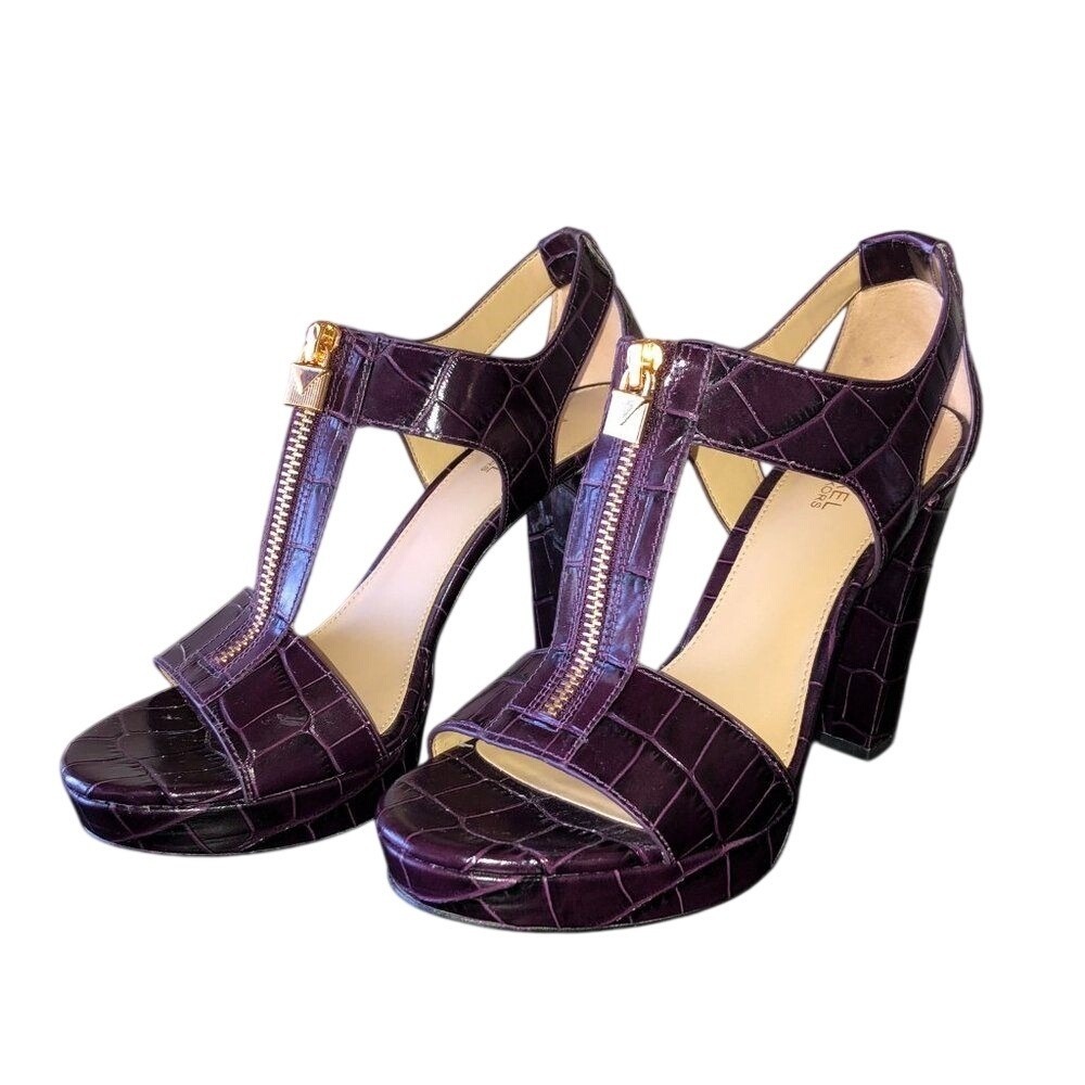 Michael Kors Burgundy Python Croc T-Strap Platform Heels 6.5 Merlot Office Siren